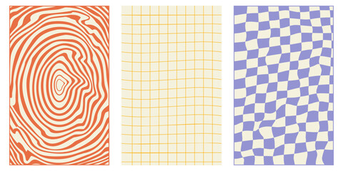 Groovy hippie 70s vector backgrounds set. Chessboard and twisted patterns. Backgrounds in trendy retro trippy style.Twisted and distorted vector texture in trendy retro psychedelic style