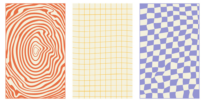 Fototapeta Groovy hippie 70s vector backgrounds set. Chessboard and twisted patterns. Backgrounds in trendy retro trippy style.Twisted and distorted vector texture in trendy retro psychedelic style