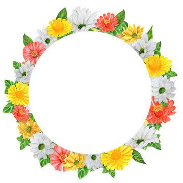 recommend clip art: Hand-drawn watercolor wreath with chrysanthemum and zinnia. An illustration for printing design, textile, scrapbooking. Isolated on white.	
