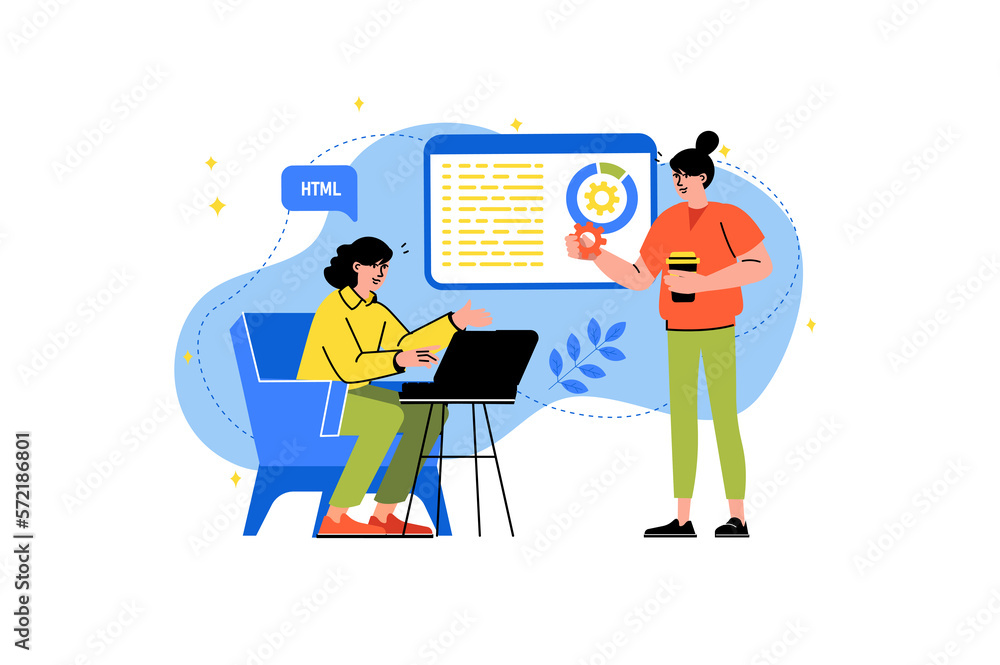 Aufkleber web development concept with people scene in the flat cartoon design. two employees are developing t