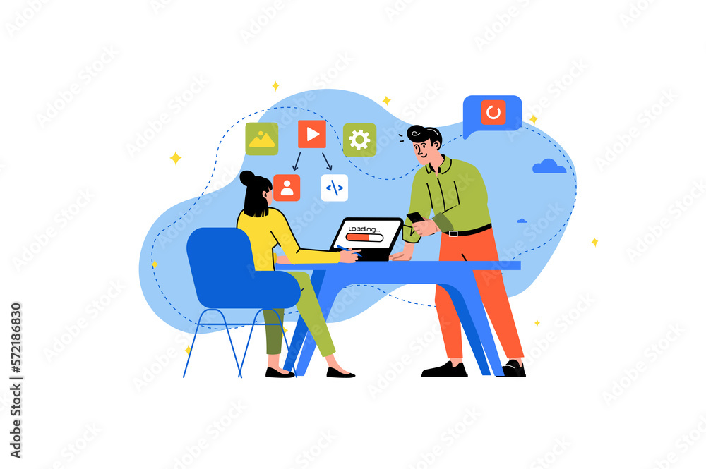 Aufkleber app development concept with people scene in the flat cartoon style. supervision explains to the pro
