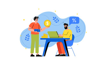 Banking concept with people scene in the flat cartoon design. Man brought money to the bank to pay for all the services.