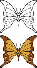 Hand drawn butterflies. Set of two butterflies,linear and colored.Vector illustration doodle style. Coloring.
