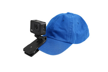 Camera action cam with clip on blue cap or hat isolated on white background with clipping path...
