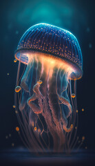 a vibrant bioluminescent jellyfish in dark blue water, generative ai