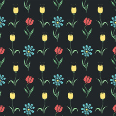 Fototapeta premium Seamless pattern with flowers. Doodle floral background. Spring pattern