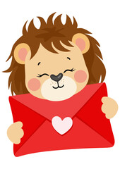 Loving lion holding a valentine letter envelope