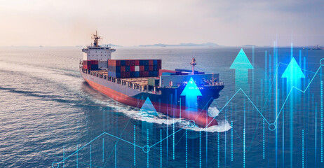 Container cargo ship global business logistics import export freight shipping transportation, Container cargo ship analysis, Big data visualization abstract graph and chart information business. - obrazy, fototapety, plakaty