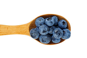 Pile of blueberry in wooden spoon isolated on a white background