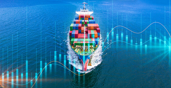 Container Cargo Ship Global Business Logistics Import Export Freight Shipping Transportation, Container Cargo Ship Analysis, Big Data Visualization Abstract Graph And Chart Information Business.