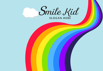 soft clouds with text, and rainbow ribbon for Template banner design for kid concepts vector illustration