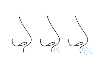 Nose, breath, line icon. Congestion nasal breath, respiratory problem. Breathing exercise of nose, deep exhale and inhale. Health. Vector