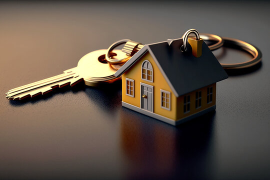 Concepto de hipoteca, inversi&oacute;n, bienes ra&iacute;ces y propiedad: cierre de las llaves de la casa. representaci&oacute;n 3d