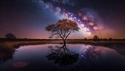 tree standing in the foreground of a starry generative ai