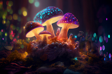 Fototapeta na wymiar Beautiful magical mushrooms in the forest. digital art design