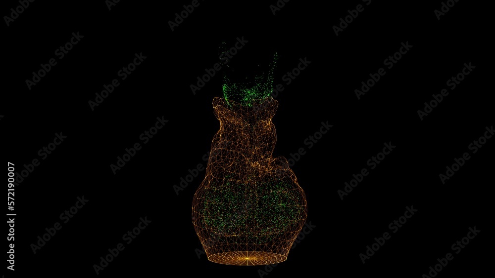 Poster The ball falls on the cylinder and mix in a turbulent stream of particles. Chaotic collision of objects and interpenetration. Scientific demonstration of diffusion. 3D rendering