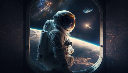 Obraz na płótnie Canvas An astronaut floating outside the International Space Station generative ai
