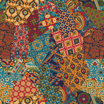 Paisley arabesque damask fabric patchwork vintage vector seamless pattern