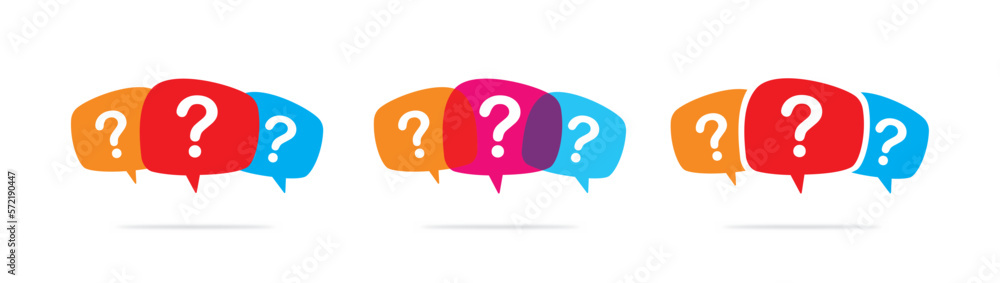 Poster Set of three linear chat speech message bubbles with question marks. Forum icon. Communication concept. Stock vector illustration isolated on white background.
