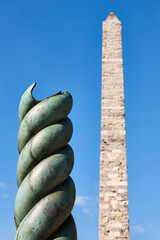 Serpent column and egyptian obelisk. Hippodrome landmark. Istanbul, Turkey