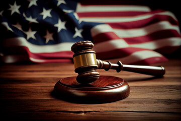 American flag, a golden scale and a judges gavel symbolizing the American justice system or the Judicial Branch of government - obrazy, fototapety, plakaty
