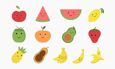 Set of Cute Smiley fruits flat color icons. Collection of Modern minimalistic design
