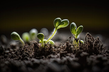AI generated sprouted seedlings in soil, seedling sprouts, home gardening, selective focus