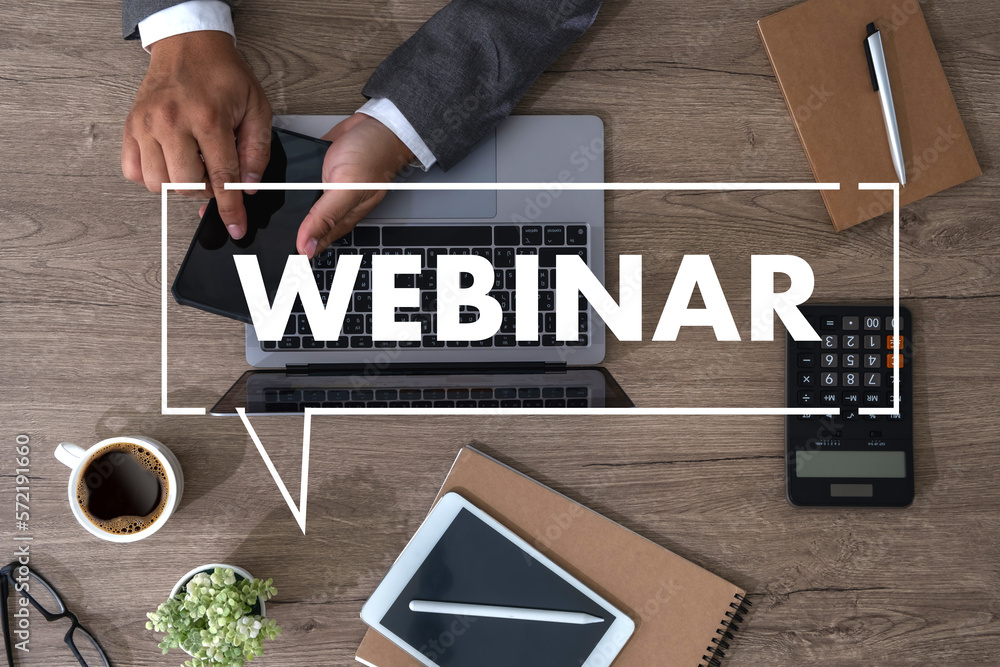 Poster webinar, hands-on table use e-business connection on computer, man working from home participating i
