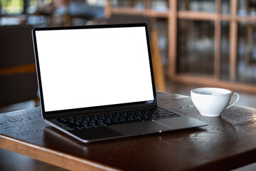 Laptop with blank screen on table. Workspace background new project on laptop computer with blank copy space screen for your advertising text message