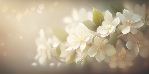 Floral feminine banner with jasmine flowers and bokeh glow. Created with Generative AI technology.	