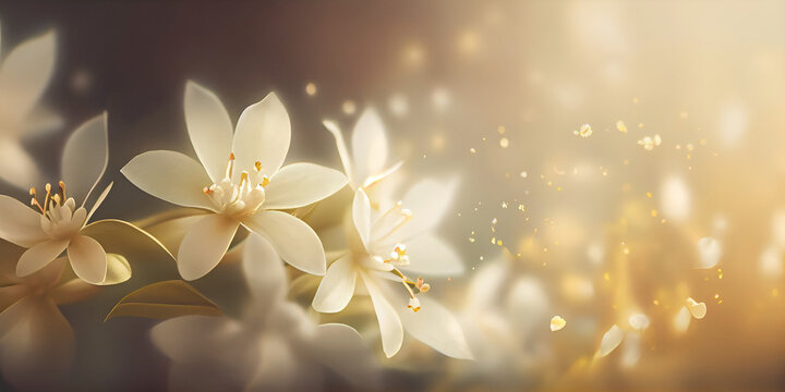 Floral feminine banner with jasmine flowers and bokeh glow. Created with Generative AI technology.	