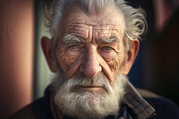 Close up photo of an old man with beard and wrinkles looking straight into the camera, illustration Generative Ai