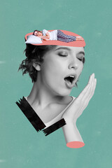 Vertical photo collage of young sleepy overworked exhausted woman stressed closed eyes mind relax morning yawning isolated on blue background