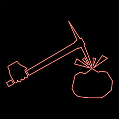 Neon pickaxe mining beats stones flying Holding in hand red color vector illustration image flat style