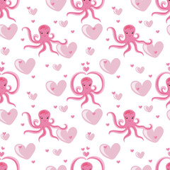 Seamless pattern with funny octopuses and hearts. Marine dwellers. Modern childs print for fabric, textiles, wrapping paper. Vector illustration