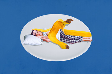 Naklejka na ściany i meble Composite photo collage of young dreamy slumber sleeping girl wear pajama absurd blanket banana peel night regime isolated on blue background