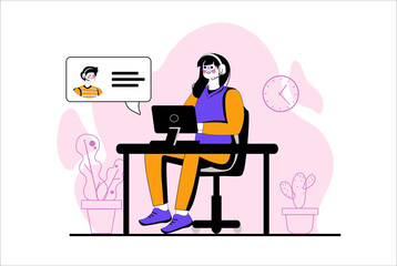 Support purple concept with people scene in the flat cartoon style. Support worker helps the client to solve his problems.