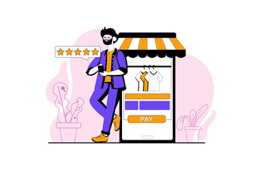 Satisfied customer purple concept with people scene in the flat cartoon design. Man gave the best review on the store's website.