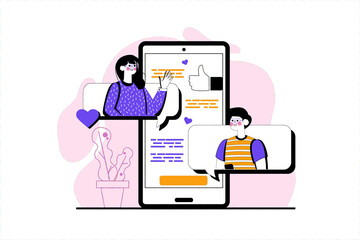 Chatting purple concept with people scene in the flat cartoon design. Two best friends communicate on the social network.