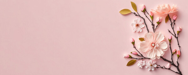 Fototapeta na wymiar Sakura flower blossom on light pink background. Copy space for text. Generative AI 