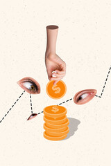 Composite collage photo of money wealth savings concept startup investment earn collect stack...