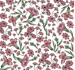 Beautiful blooming realistic isolated pattern carnations flowers. Vintage background fabric wildflowers. Wallpaper baroque. Drawing engraving sketch Vector victorian style illustration