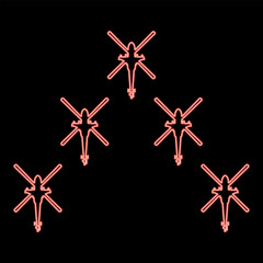 Neon group of combat helicopters military concept chopper in air army red color vector illustration image flat style