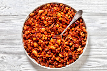 Beans and Sausage bake in baking dish, top view