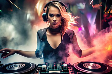 dj girl with blonde hair using dj mixer in nightclub with colorful smoke, turntables and disco ball - generative ai - obrazy, fototapety, plakaty