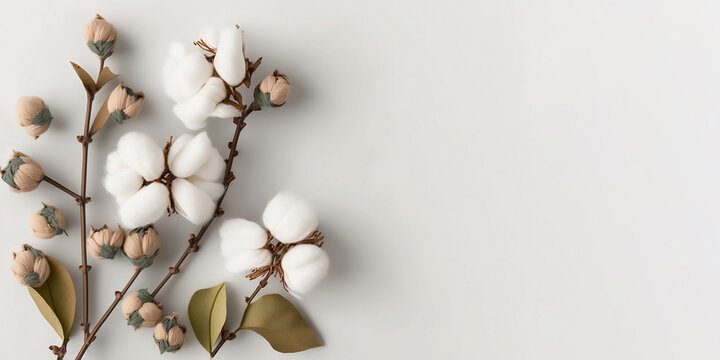 Cotton flowers with branches and leaves on white background. Copy space for text. Generative AI