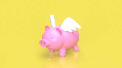 The Pink Piggy fly on yellow background  for saving or banking concept 3d rendering