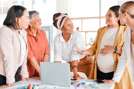 Pregnant, business women brainstorming in meeting for company growth, research or strategy review in office. Happy, teamwork or startup employee smile for SEO idea, KPI schedule or planning calendar