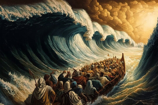 Bible, Moses crossing the Red Sea with the Israelites, and escaping from the Egyptians, illustration, Generative AI	