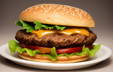 Delicious big Burger with cheddar cheese and salad on a plate side view - Close-up Studio Shot. Generative AI.